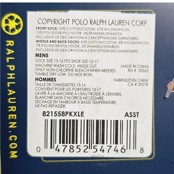 Polo Ralph Lauren Mens size XL shoe size 12-17 performance crew socks 3 pair New - Picture 3 of 16